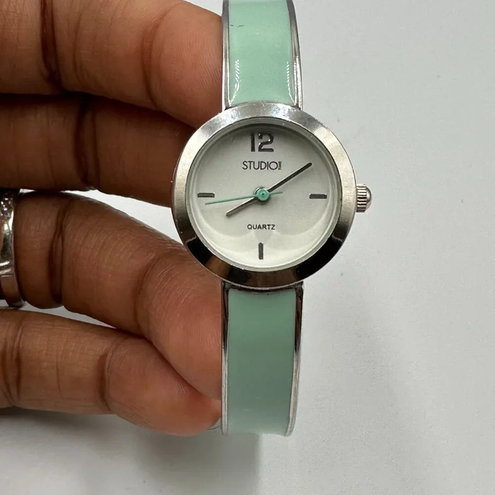 3/$30 Studio Time Watch Women Silver Tone Mint Green Bangle Band New Battery 7